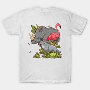 Flamingo rhino Wolf Hand drawn T-Shirt